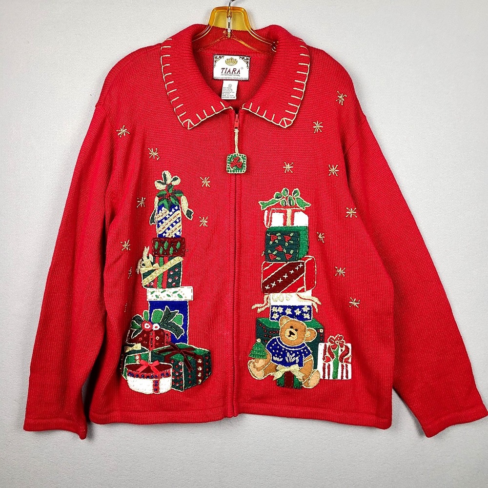 Vintage Tiara International Christmas Sweater Embroidered Beaded Red Women's XL